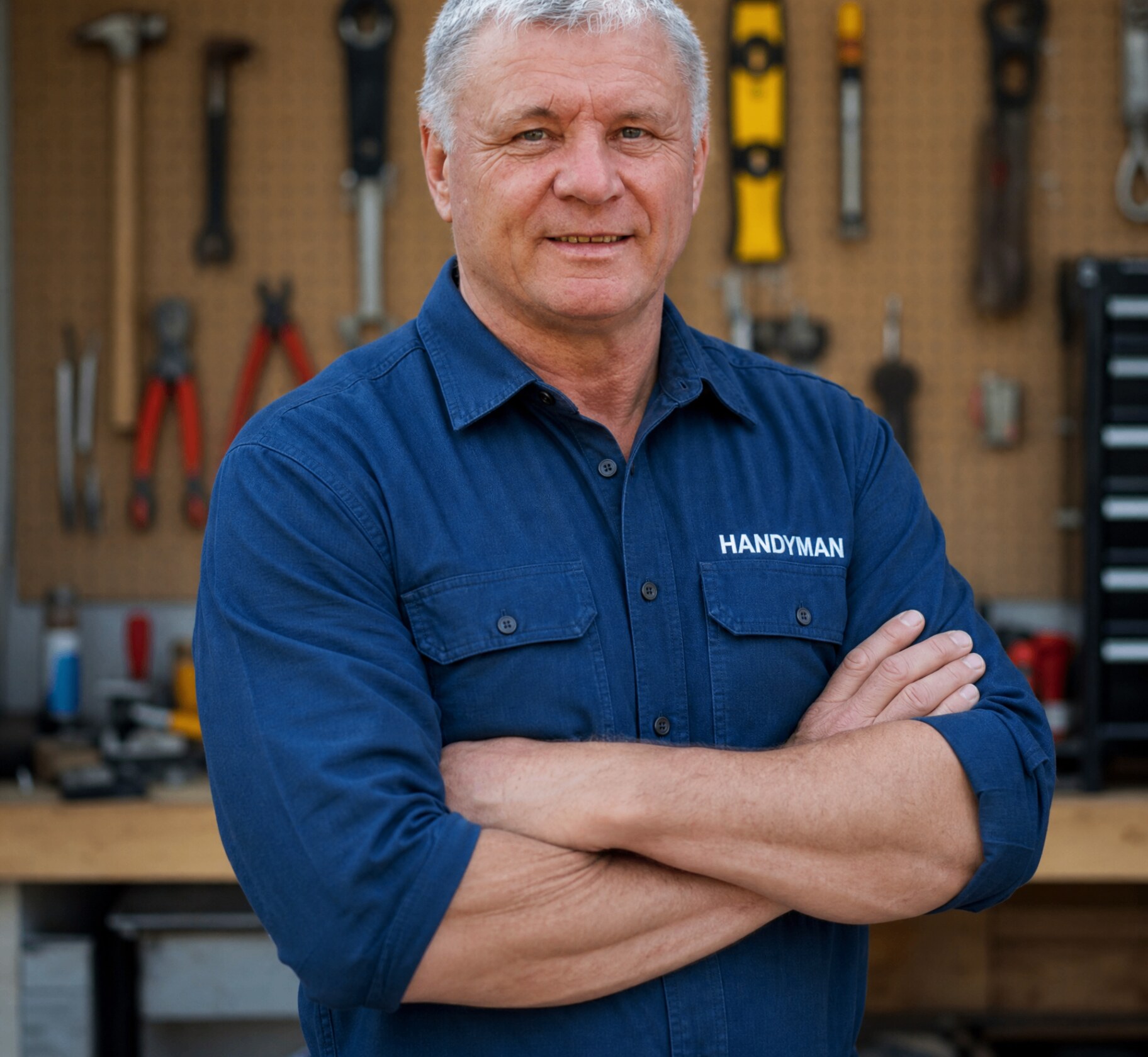 Vladimir, VS Handyman owner, in workshop with tools