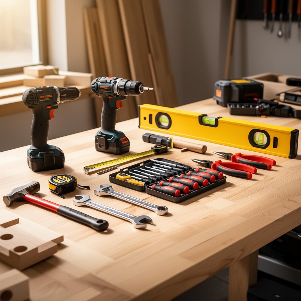 Professional handyman tools arranged on a workbench